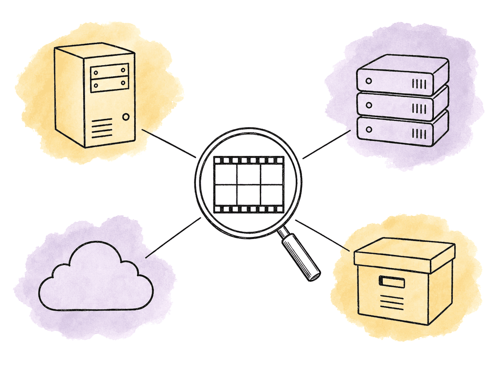 Doodle of several storage icons connected to a central magnifying glass over media thumbnails.