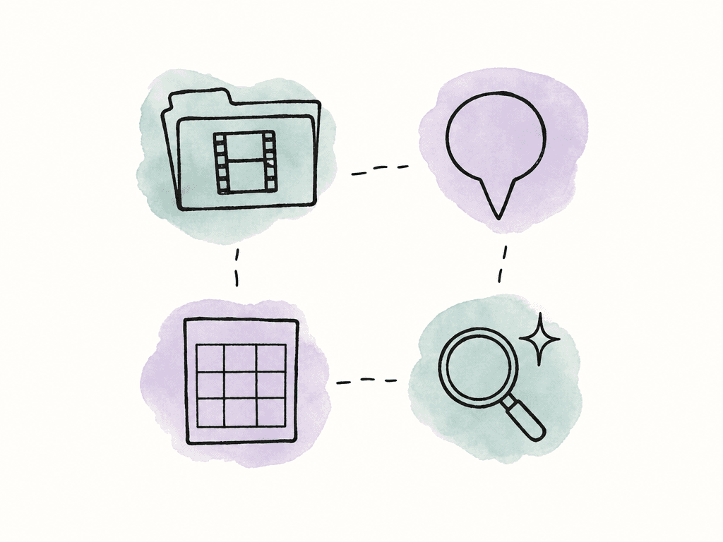 Doodle of separate media, comment, metadata, and AI icons with broken connections between them.