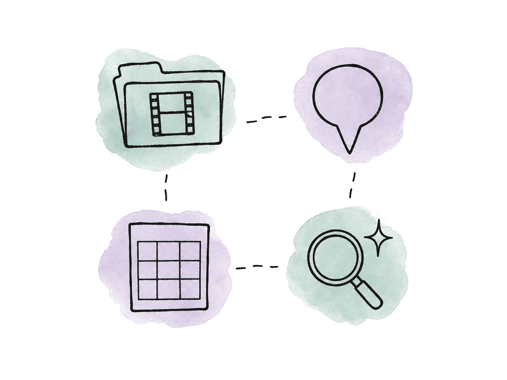 Doodle of separate media, comment, metadata, and AI icons with broken connections between them.