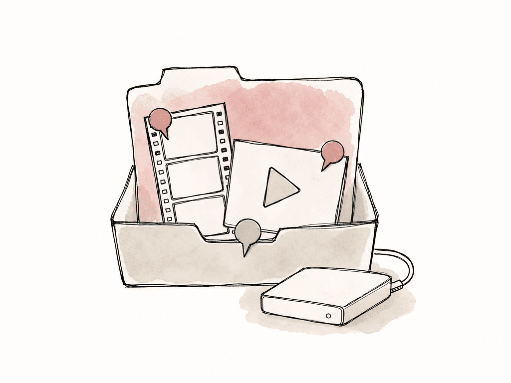 A project folder holding source media, a review video, and comment pins.