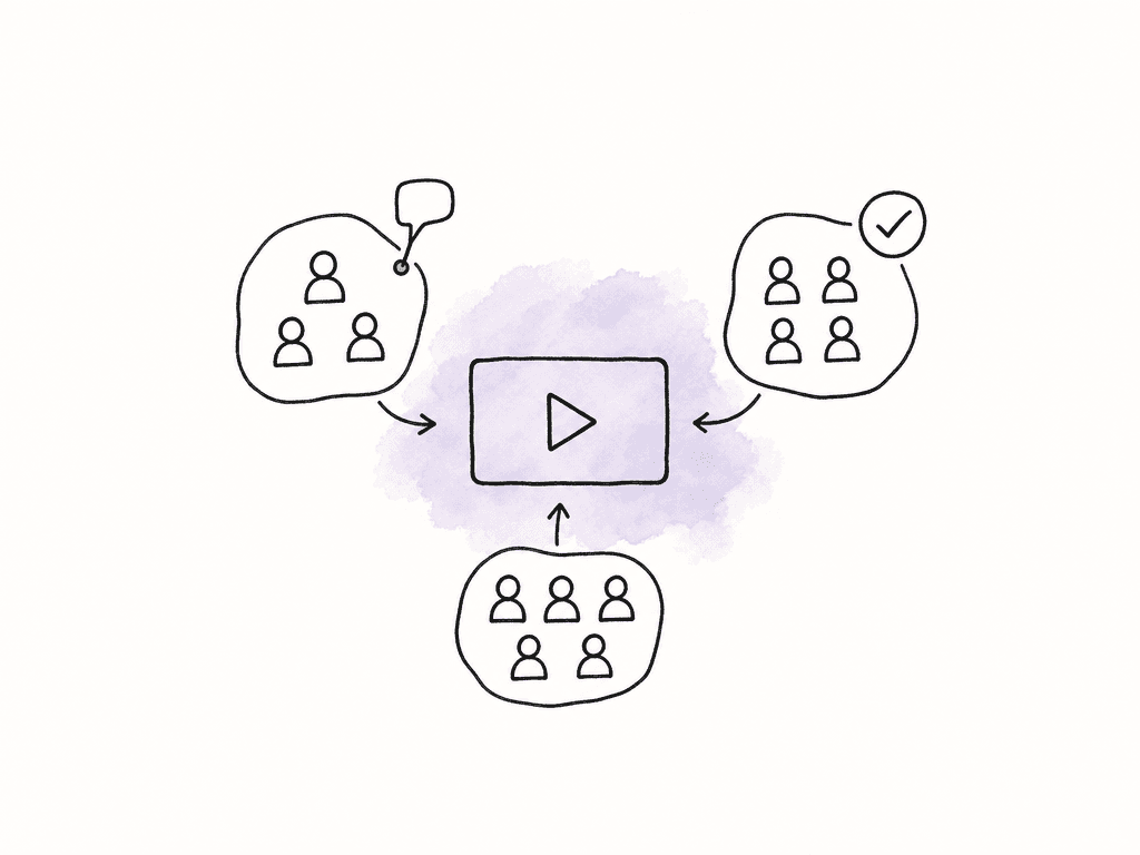 A video clip surrounded by three separate reviewer groups.