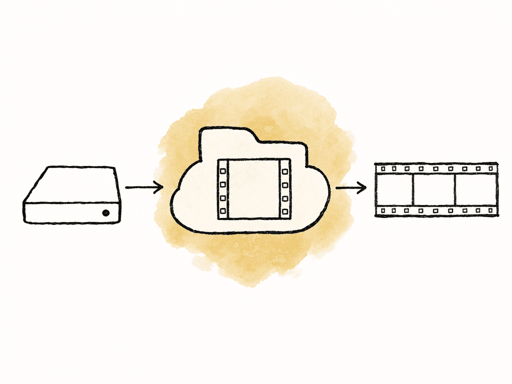 Hand-drawn shared media project connected to a drive icon, filmstrip timeline, and review markers.
