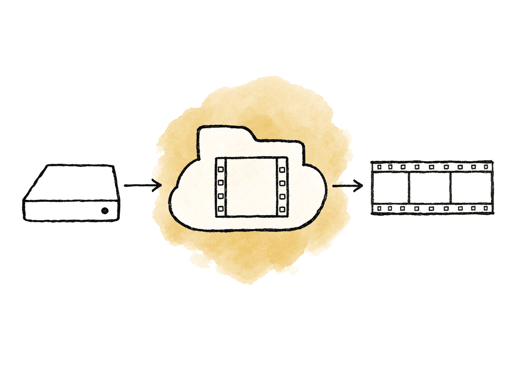 Hand-drawn shared media project connected to a drive icon, filmstrip timeline, and review markers.