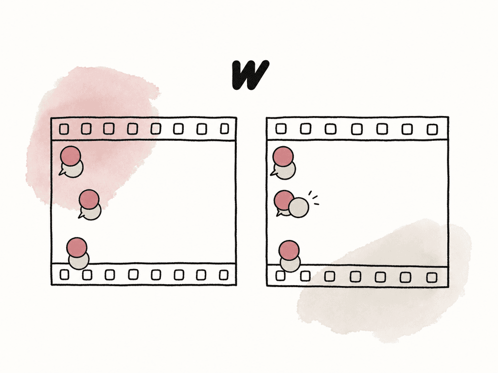 Hand-drawn side-by-side filmstrips with matching comment markers showing version comparison.