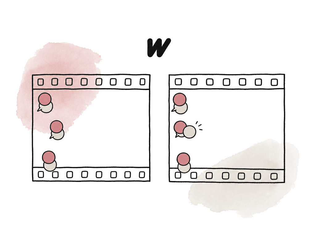 Hand-drawn side-by-side filmstrips with matching comment markers showing version comparison.