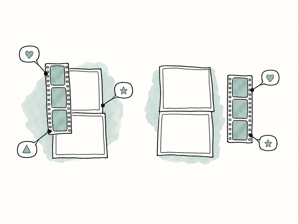 Hand-drawn comparison of comments attached to a media stack versus comments on a separate copied filmstrip.