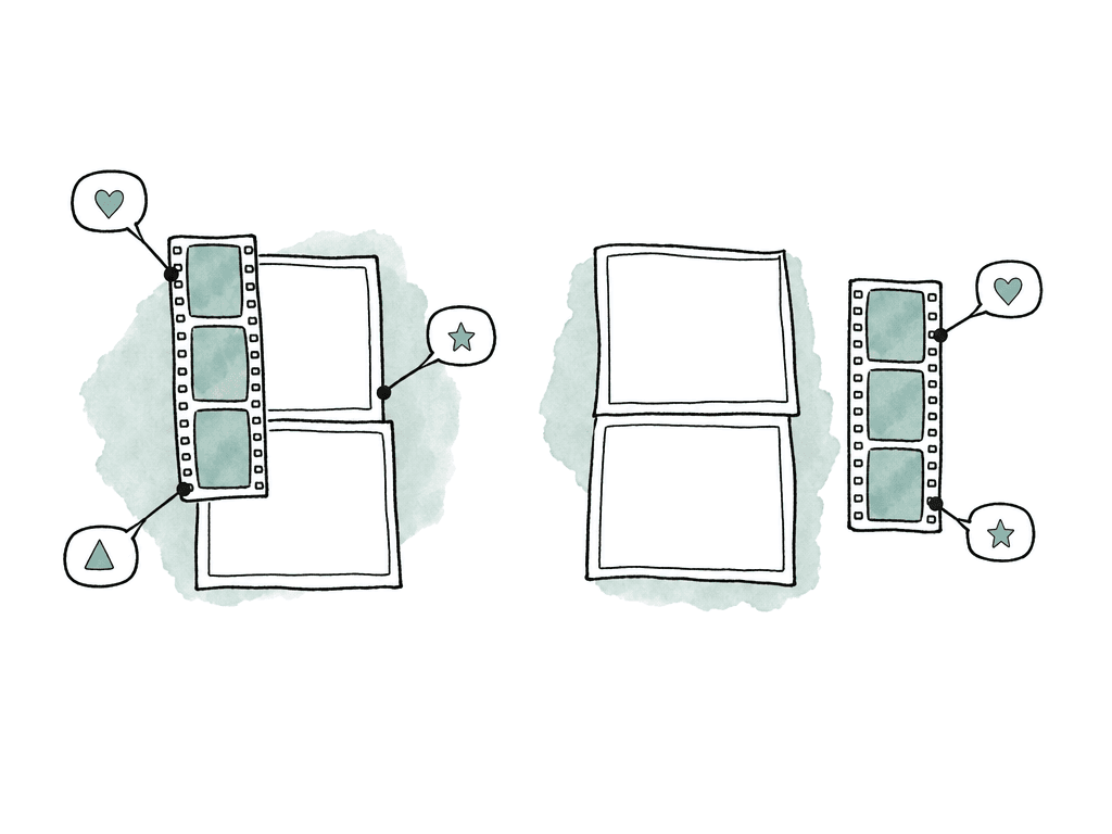 Hand-drawn comparison of comments attached to a media stack versus comments on a separate copied filmstrip.