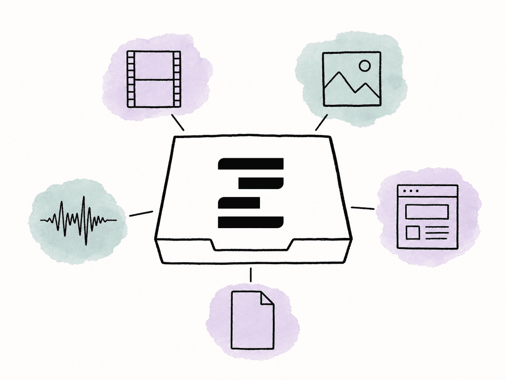 Hand-drawn central review tray connected to simple icons for video, image, audio, web, and document assets.