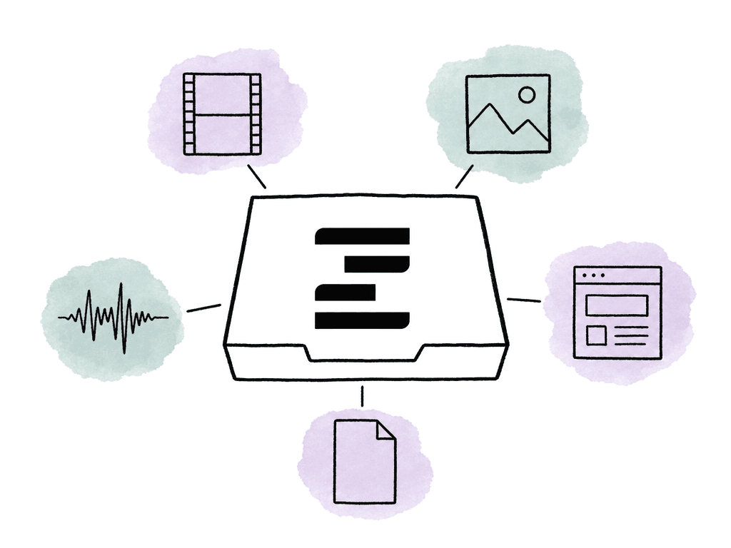 Hand-drawn central review tray connected to simple icons for video, image, audio, web, and document assets.