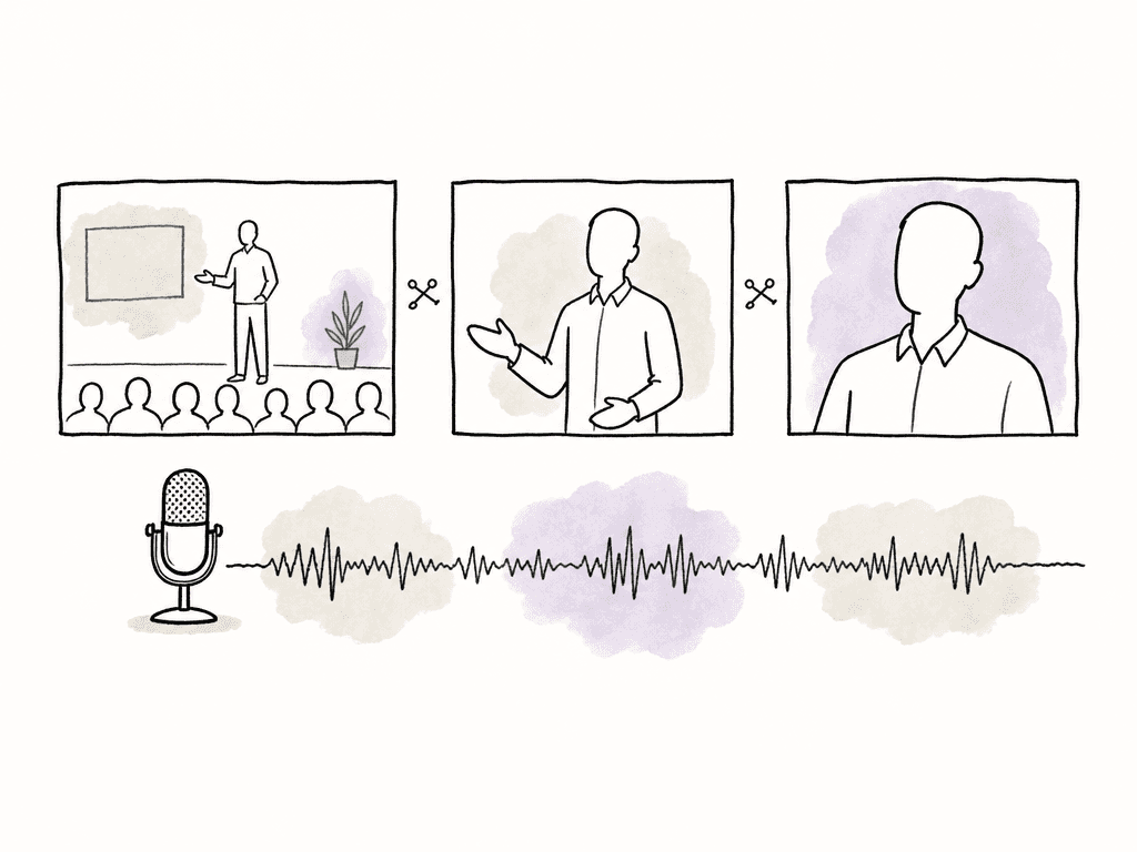 Hand drawn multicam views change above a single continuous microphone waveform below.