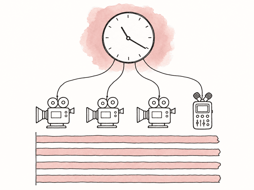 Hand drawn cameras and an audio recorder connected to one clock, with their recording strips aligned below.