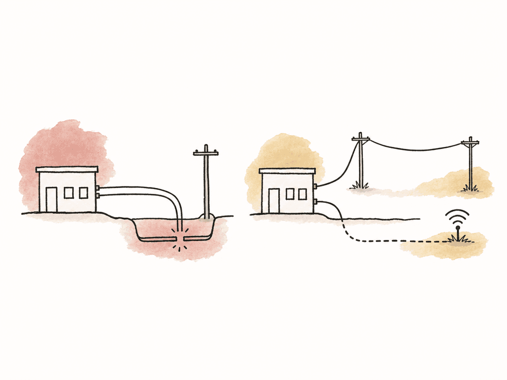 Doodle comparing two internet lines sharing one vulnerable path with two internet lines taking separate routes.