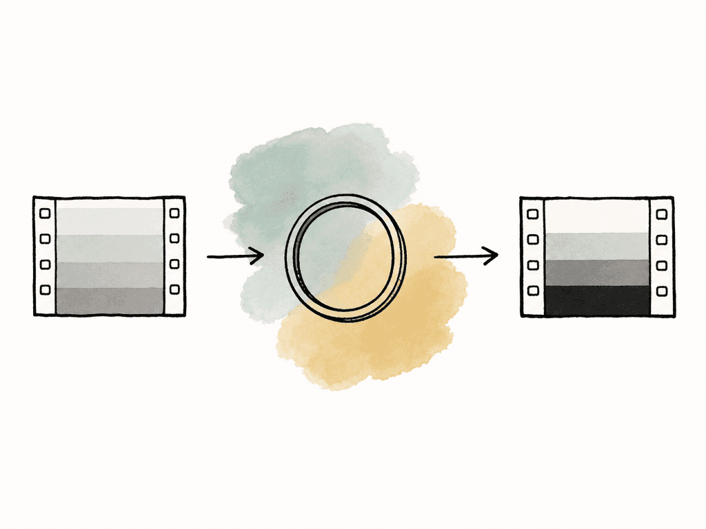 A flat film frame passes through a transform symbol and becomes a higher contrast normalized frame.