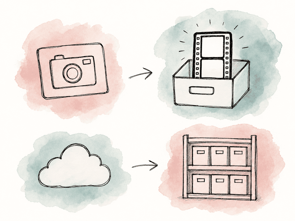 A doodle shows media moving among capture, local storage, cloud, and archive areas, with one film strip highlighted as the trusted copy.
