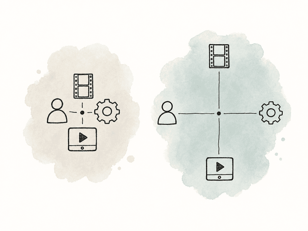 A doodle compares workflow elements grouped close together with the same elements scattered far apart.