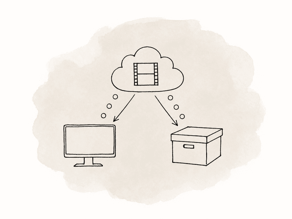 A cloud holding media sends arrows to external destinations, with small tokens falling from the transfer paths.