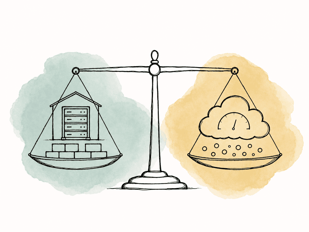 A balance scale compares a small on-prem facility with a cloud usage meter, representing fixed owned cost versus variable rented cost.