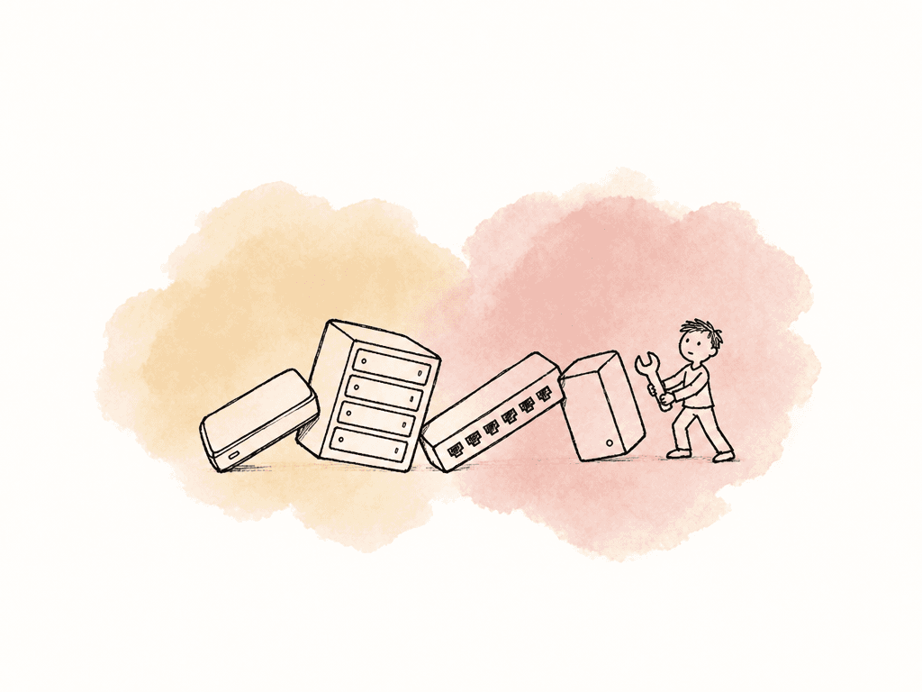 A media drive pushes a chain of infrastructure objects, including storage, networking, backup, and an engineer, showing cascading on-prem costs.