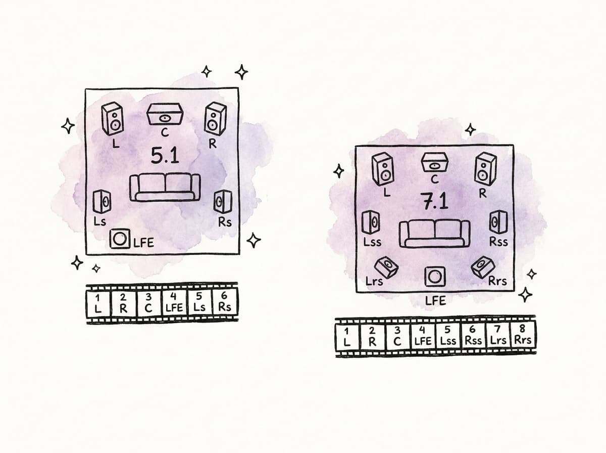 Side-by-side doodle showing 5.1 and 7.1 surround speaker positions with numbered file channel order beneath each layout.