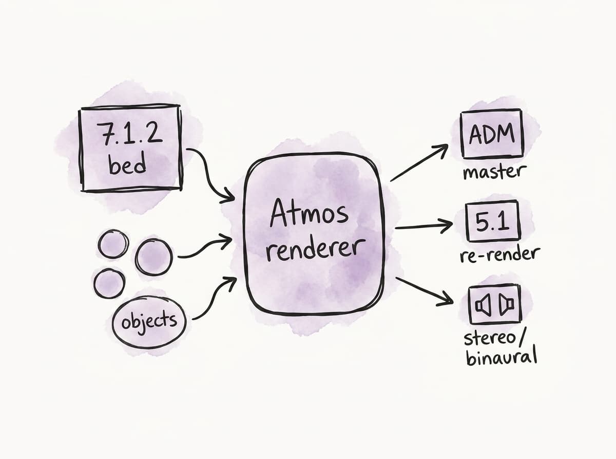 Doodle flow diagram showing an Atmos bed and audio objects entering a renderer, which outputs an ADM master and channel-based re-renders.