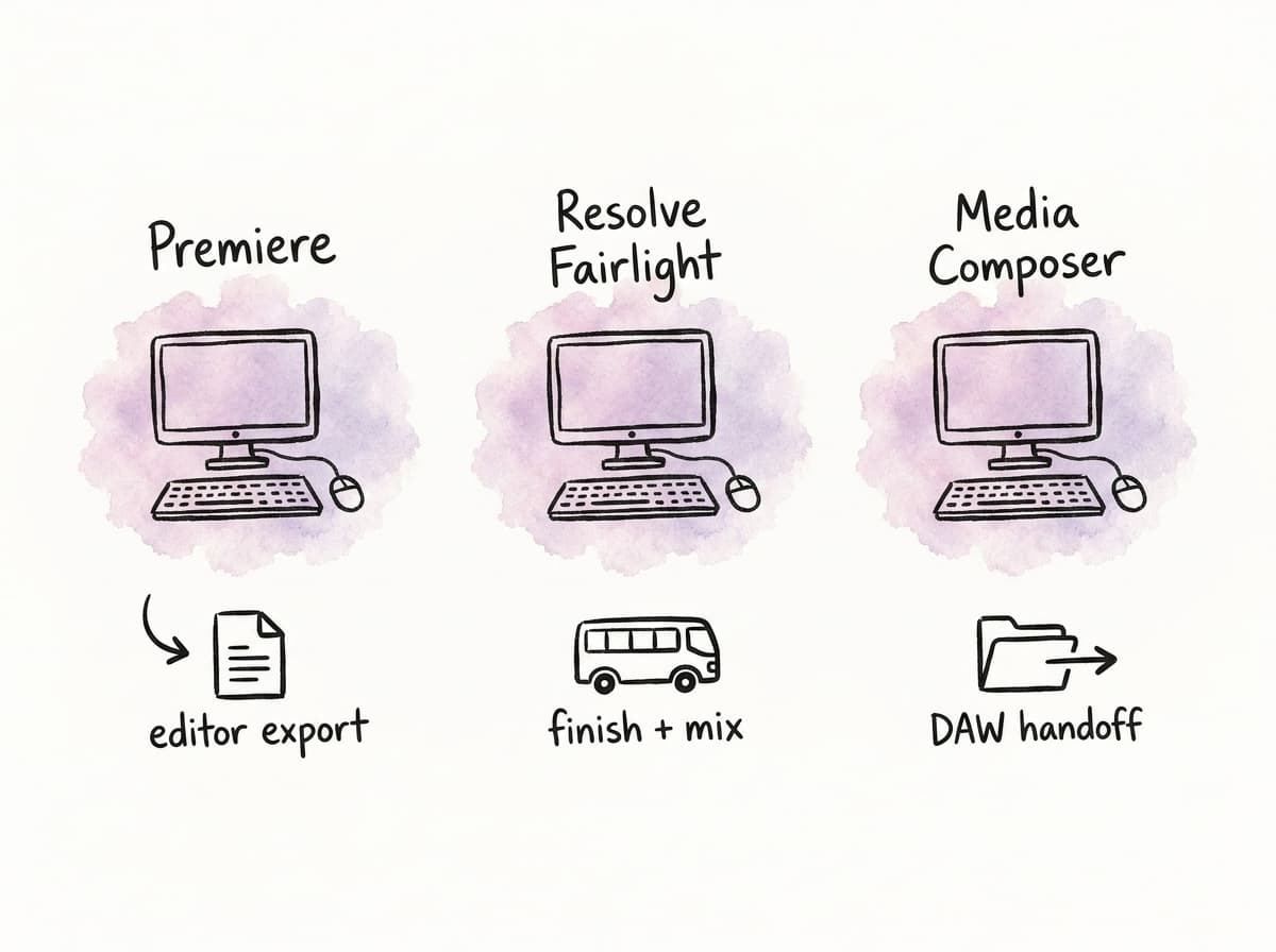 Three-column doodle comparing Premiere Pro, DaVinci Resolve, and Media Composer roles in surround audio workflows.