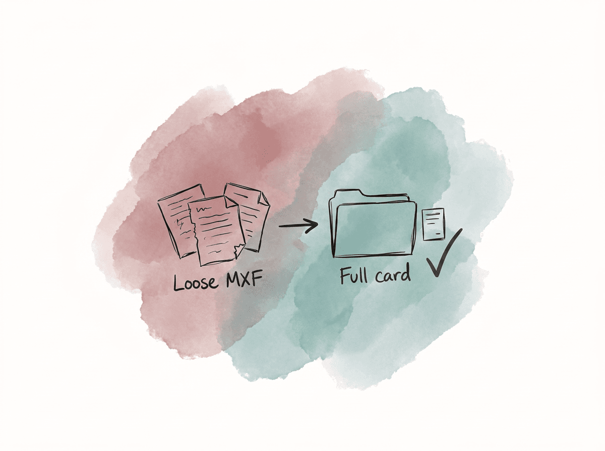 Doodle contrasting scattered loose MXF files with a neatly preserved Canon card folder structure.