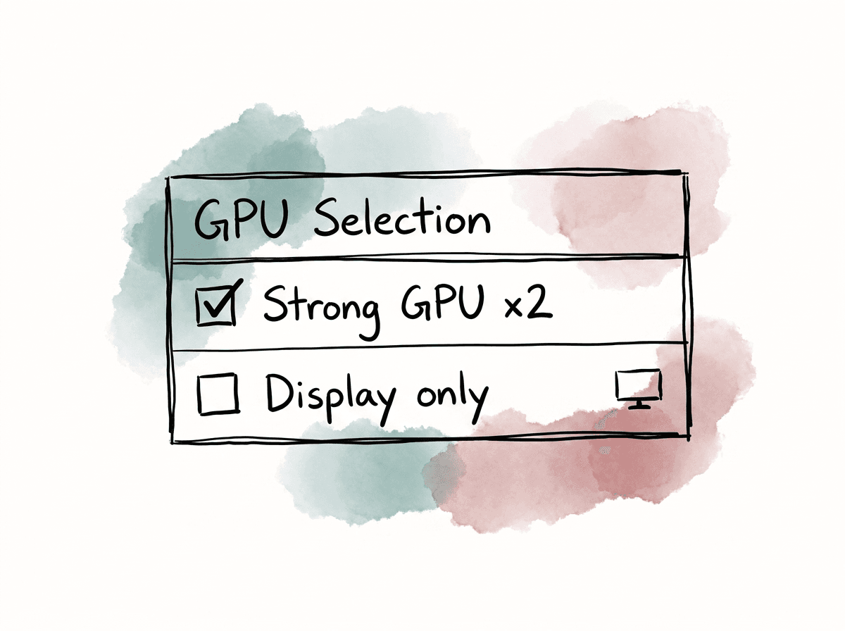 Doodle of a Resolve GPU selection panel where two matching GPUs are selected and a weaker low-VRAM GPU is left unchecked.