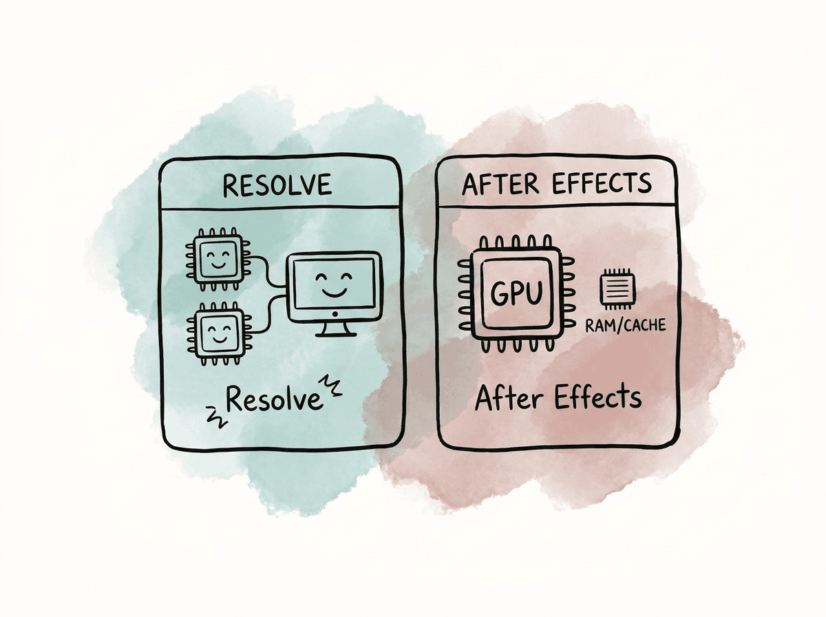 Doodle comparing Resolve as a good multi-GPU candidate with After Effects as a better fit for one strong GPU, RAM, and cache storage.