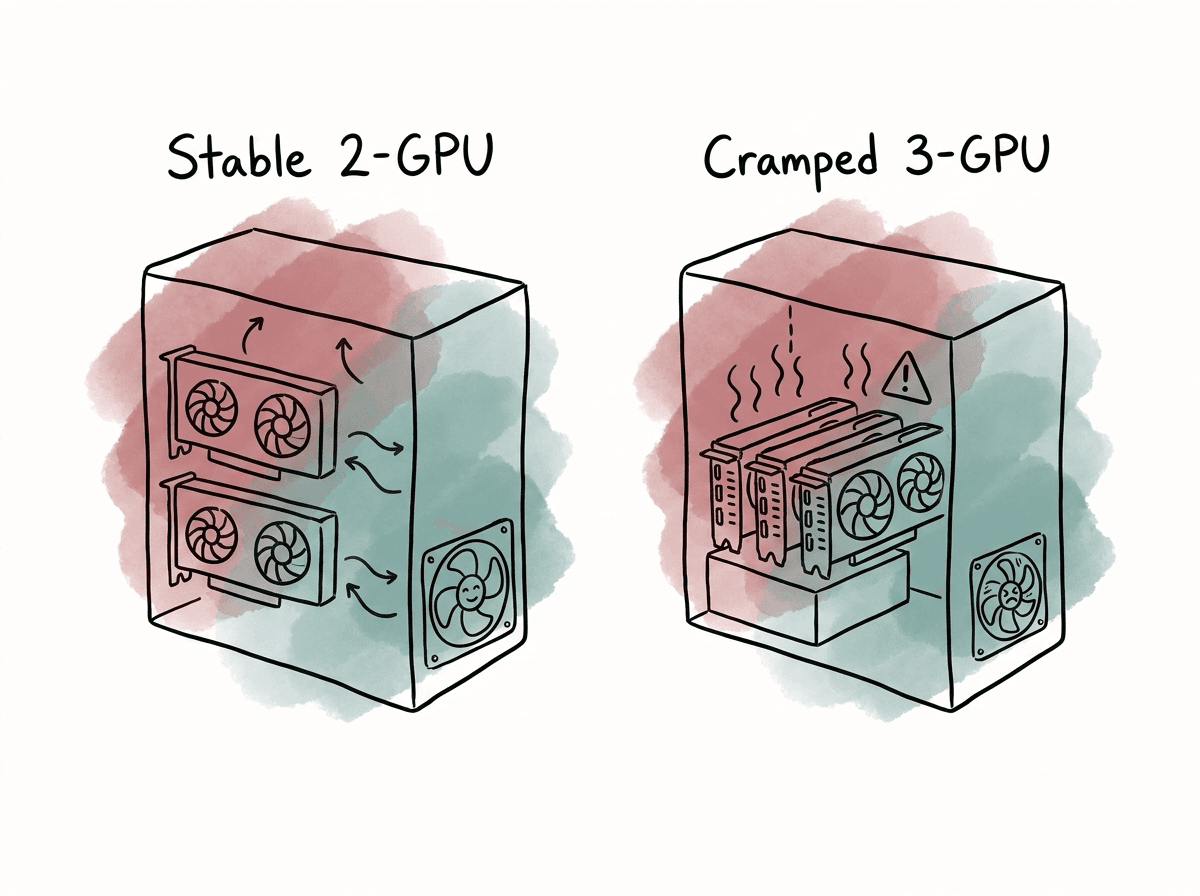 Doodle comparing a stable two-GPU workstation with good airflow against an overheated three-GPU system.