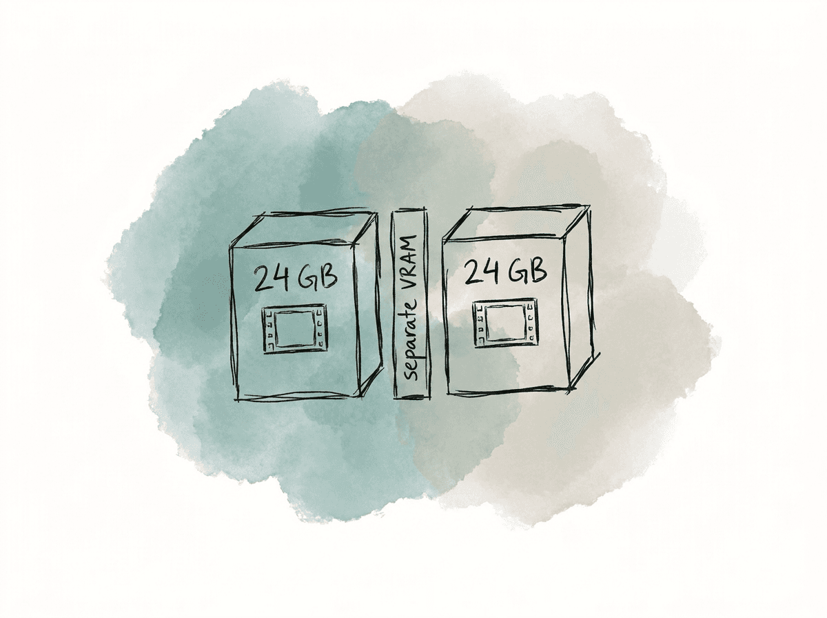 Doodle showing that two 24 GB GPUs do not combine into one shared 48 GB VRAM pool.
