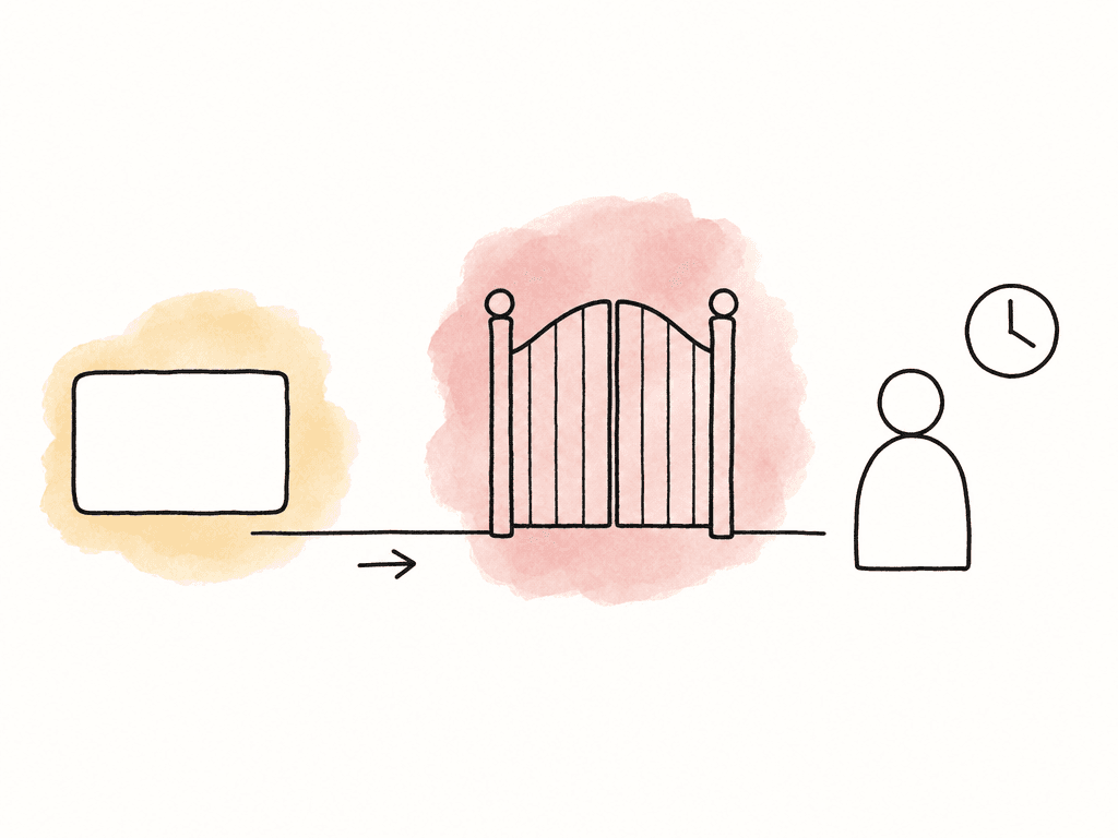 A hand-drawn content card is stopped at a closed review gate, with an empty person icon and clock nearby.