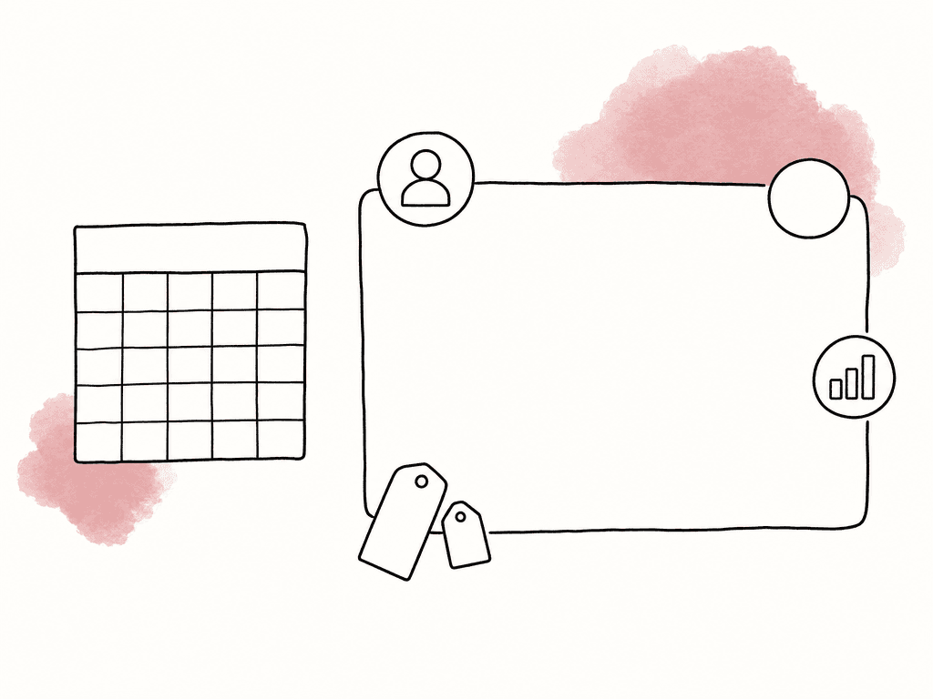 A hand-drawn calendar grid sits beside a larger content record card with blank fields and small icons for owner, channel, and reporting.