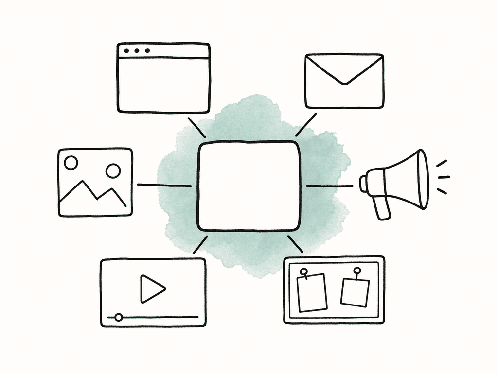 A central content tile branches to blank icons representing a webpage, email, megaphone, social post, video, and internal channel.