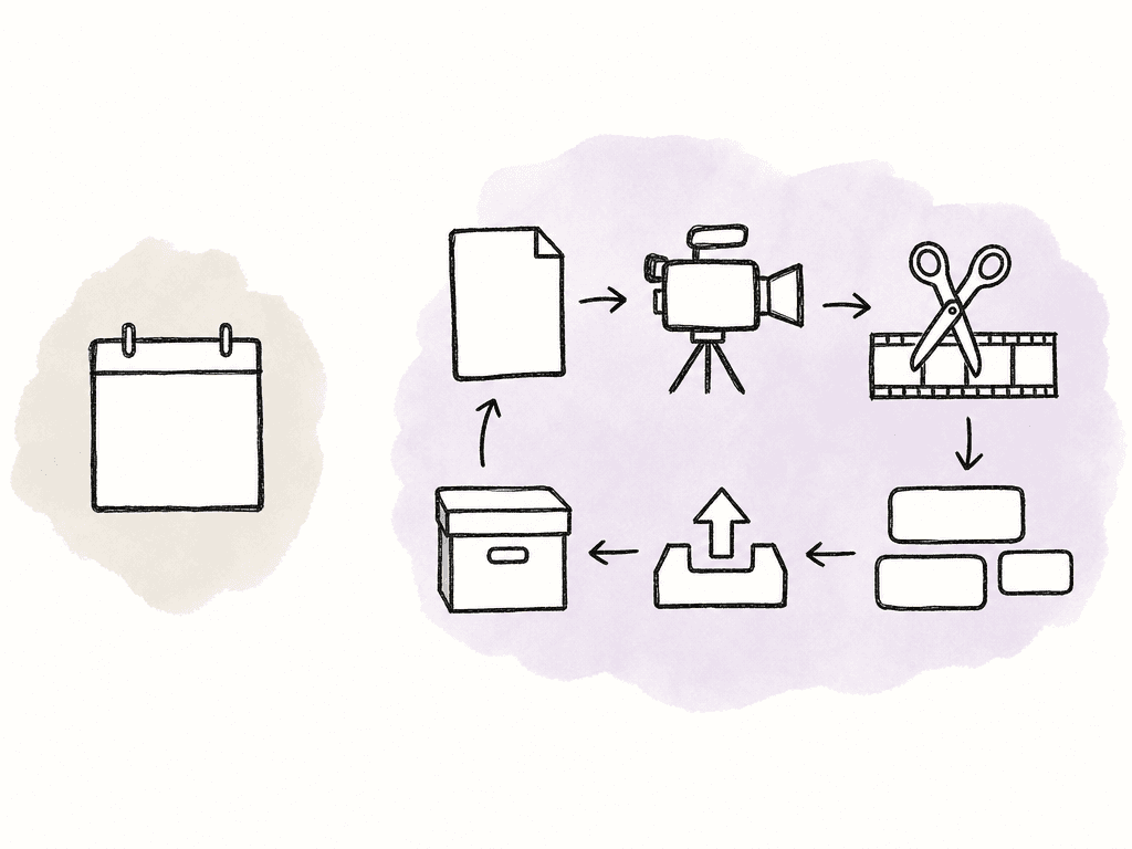 A blank calendar square floats apart from a hand-drawn video workflow made of script, camera, edit, caption, upload, and archive icons.
