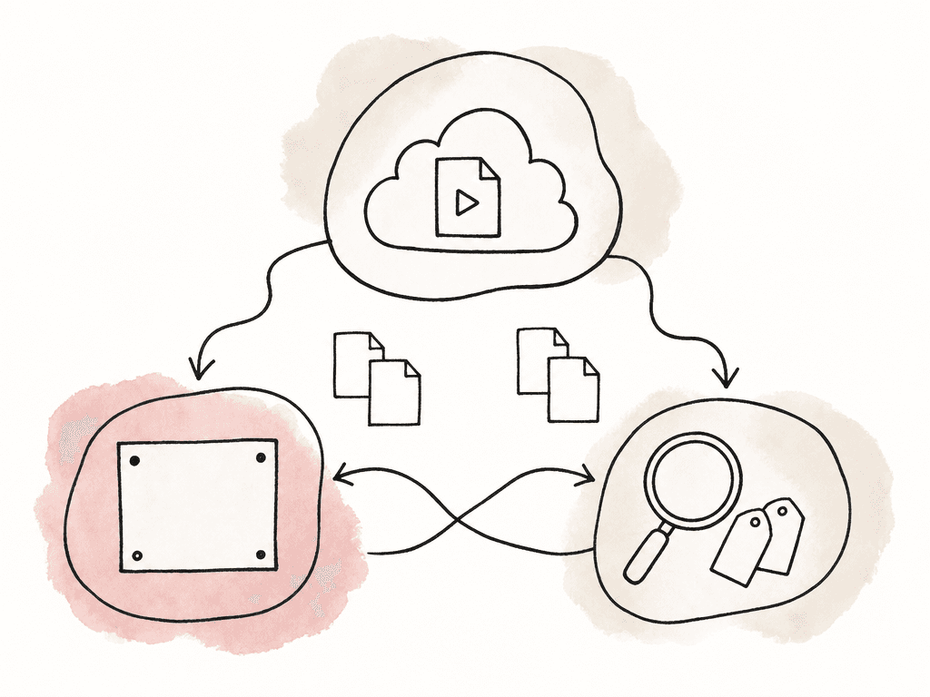 Doodle of three separate media systems connected by tangled arrows and duplicate file icons.