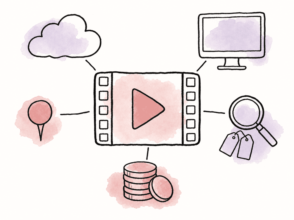Doodle of one video file connected to icons for cloud storage, desktop access, review, search, and cost.