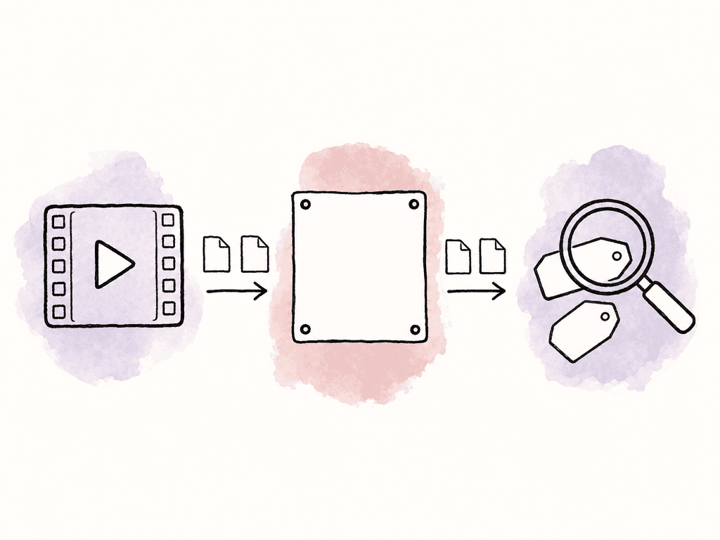Doodle of a video file being copied between separate storage, review, and search areas.