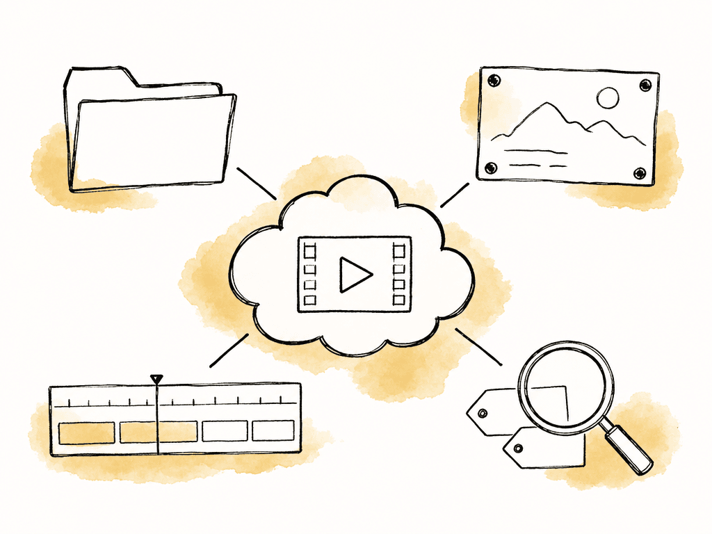 Doodle of a central cloud media space connected to editing, review, folders, and search icons.
