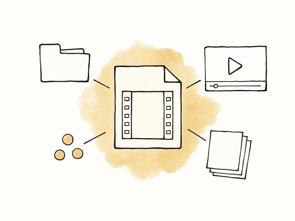 One central filmstrip file is connected to a folder, review window, version stack, and feedback dots.