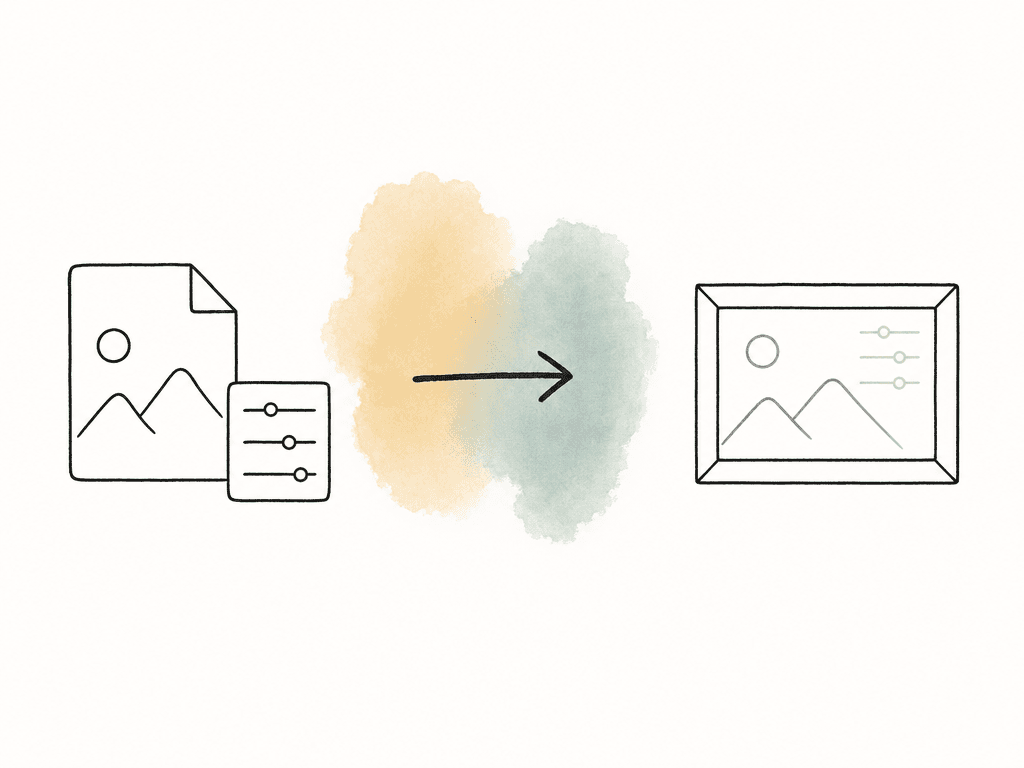 A media file with separate adjustable settings turns through an arrow into a single flattened picture file, showing RAW interpretation baked into a transcode.