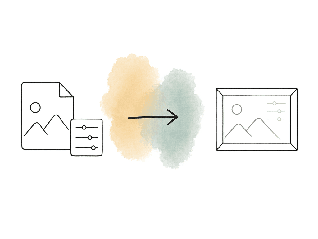 A media file with separate adjustable settings turns through an arrow into a single flattened picture file, showing RAW interpretation baked into a transcode.