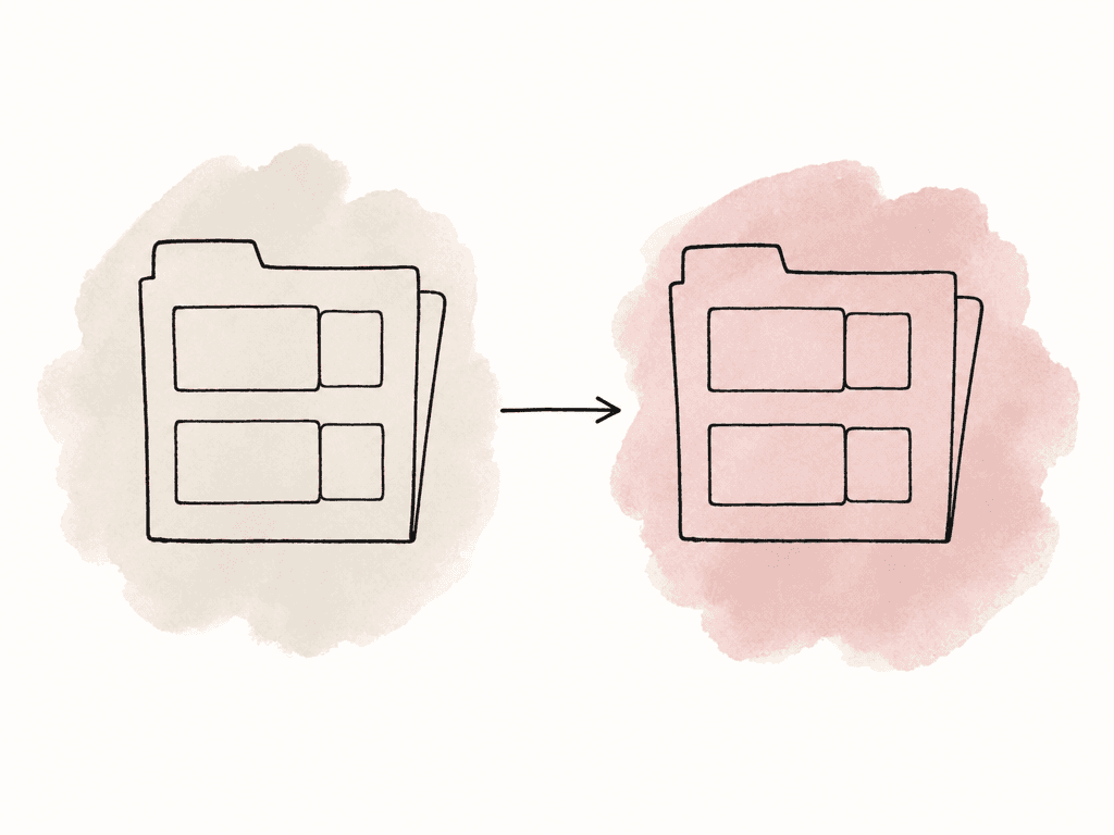 Two folders are connected by an arrow, and each media icon keeps its small companion sidecar card beside it during the move.