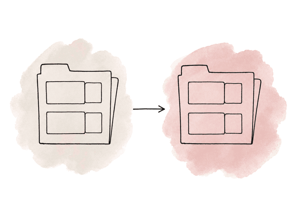 Two folders are connected by an arrow, and each media icon keeps its small companion sidecar card beside it during the move.