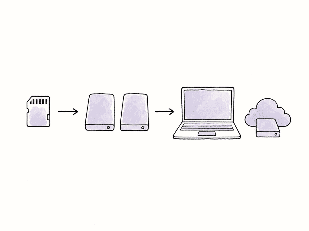 Doodle of camera media moving through verified drives, proxy media, a laptop, and an outgoing destination.