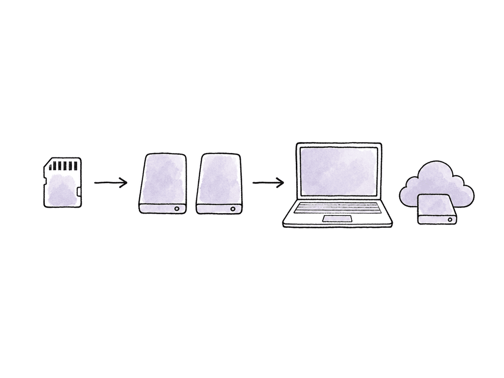 Doodle of camera media moving through verified drives, proxy media, a laptop, and an outgoing destination.