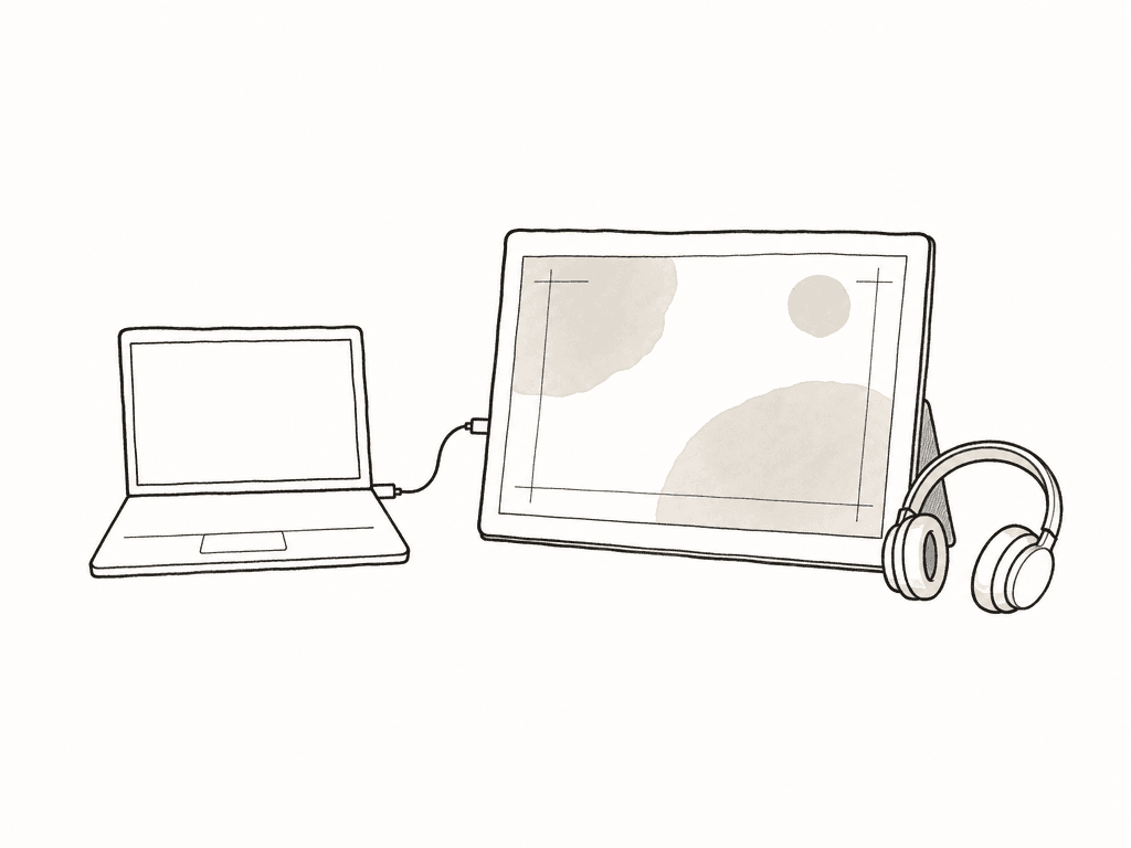 Doodle of a laptop next to a larger portable monitor and headphones for field monitoring.