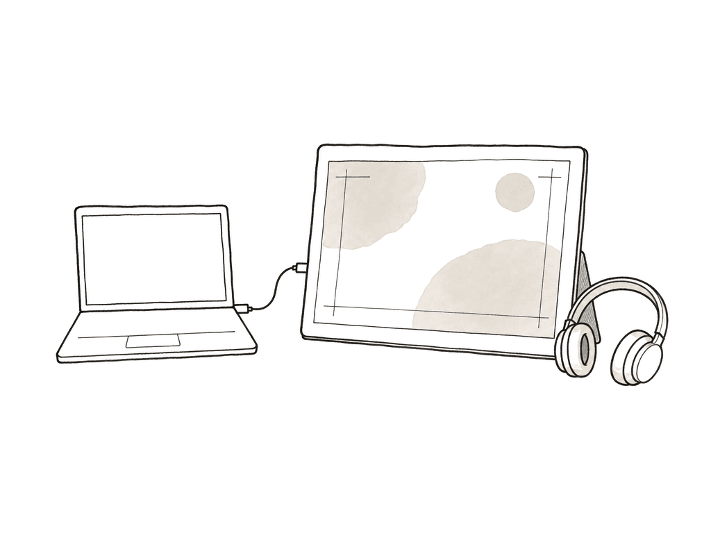 Doodle of a laptop next to a larger portable monitor and headphones for field monitoring.
