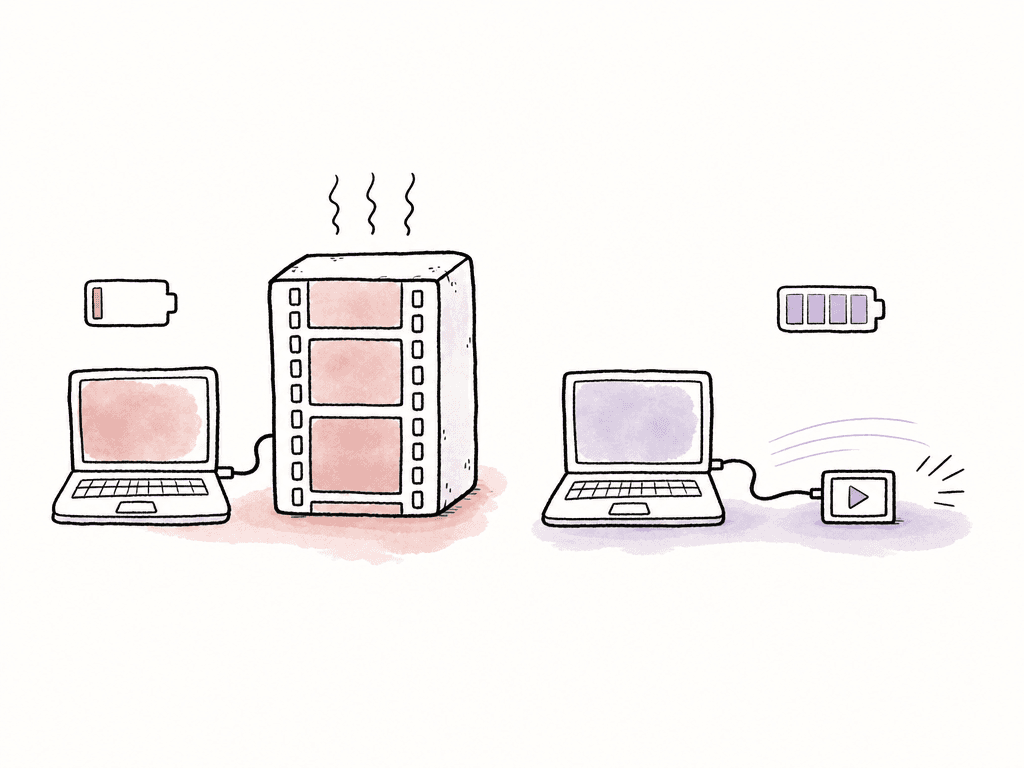 Doodle comparing a laptop burdened by large media with a laptop smoothly editing smaller proxy media.