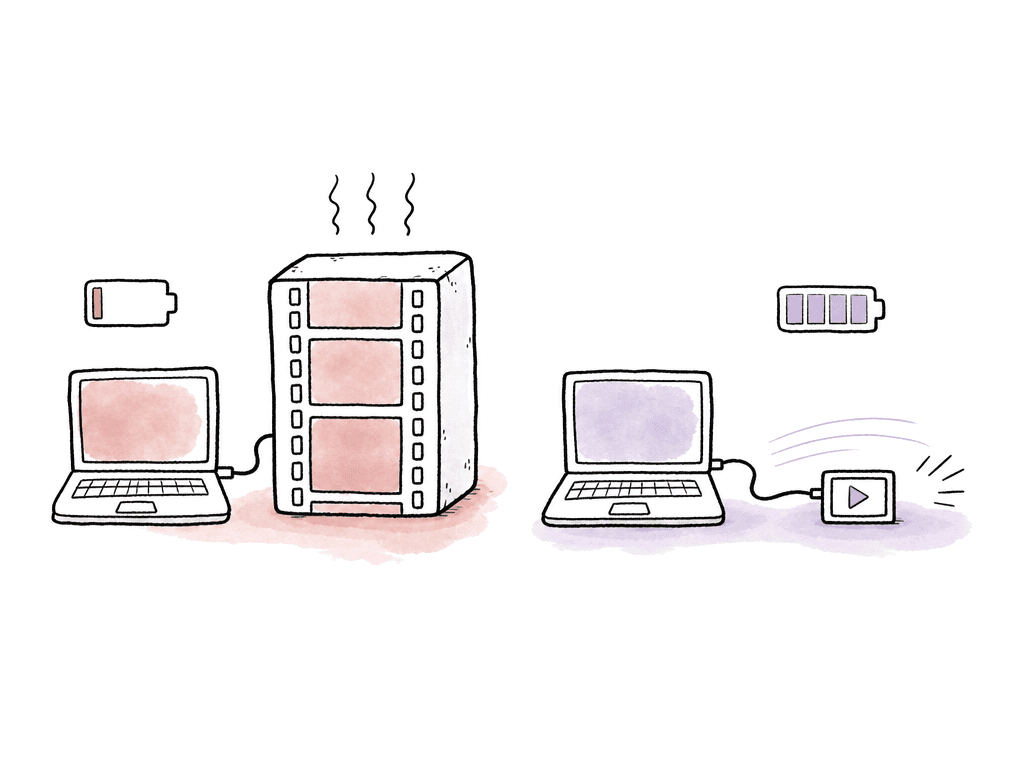 Doodle comparing a laptop burdened by large media with a laptop smoothly editing smaller proxy media.