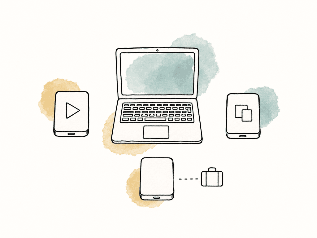 Doodle of a laptop surrounded by three separate drives for active media, backup, and travel handoff.